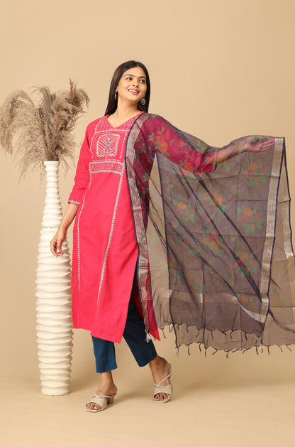 Bright Pink Khadi Embroidery Kurti