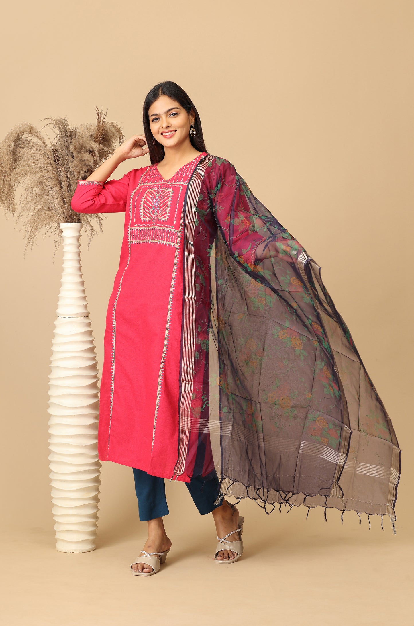 Bright Pink Khadi Embroidery Kurti