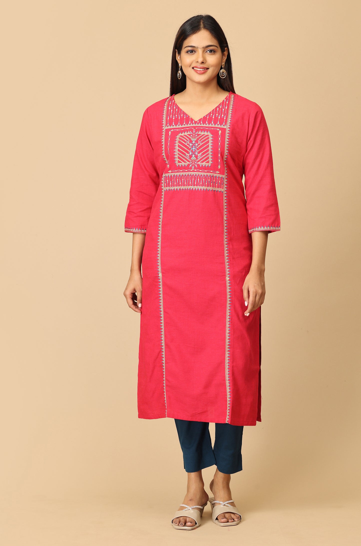 Bright Pink Khadi Embroidery Kurti