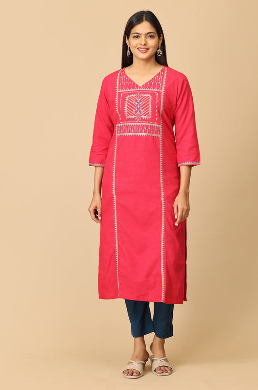 Bright Pink Khadi Embroidery Kurti