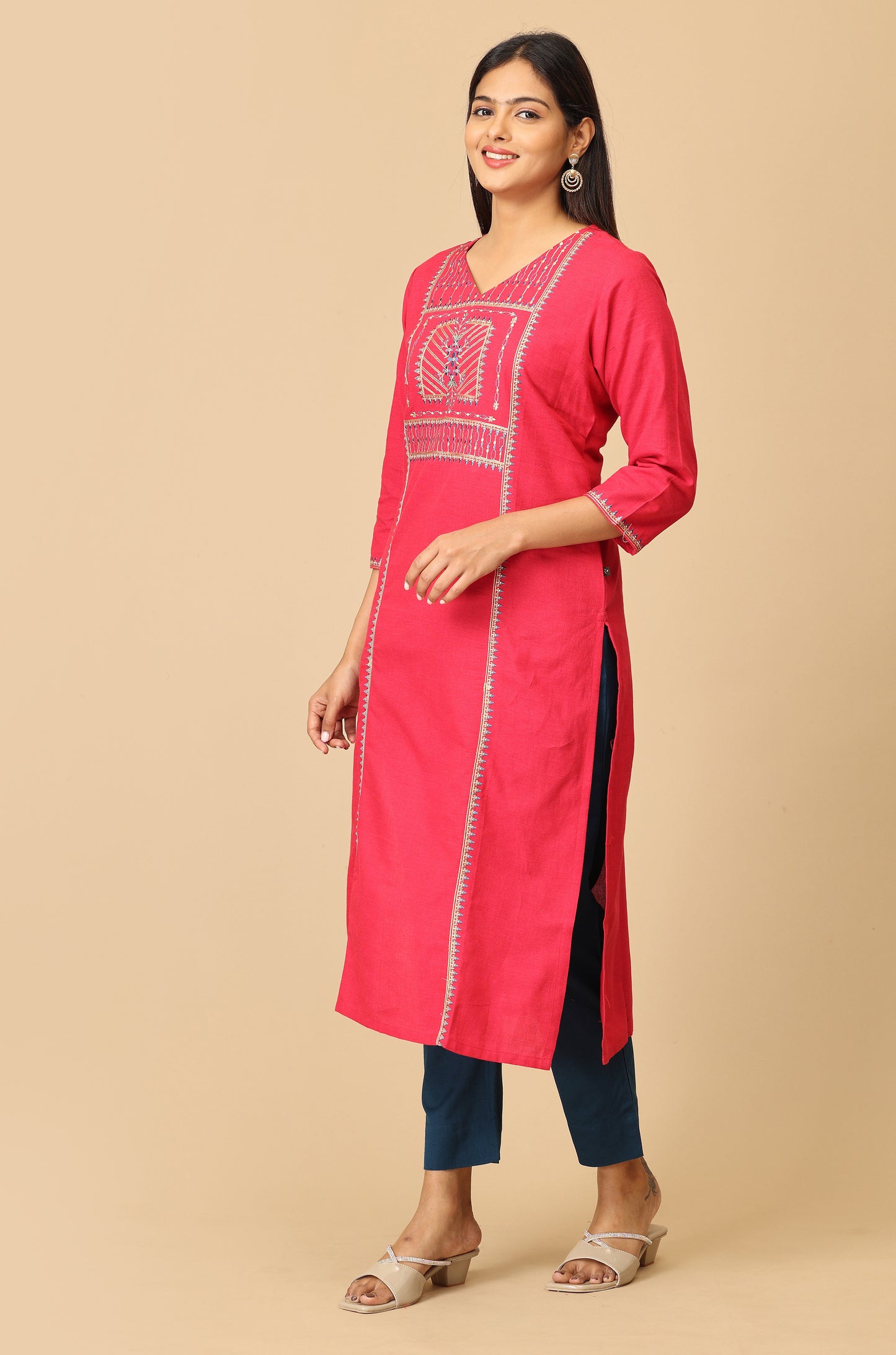 Bright Pink Khadi Embroidery Kurti