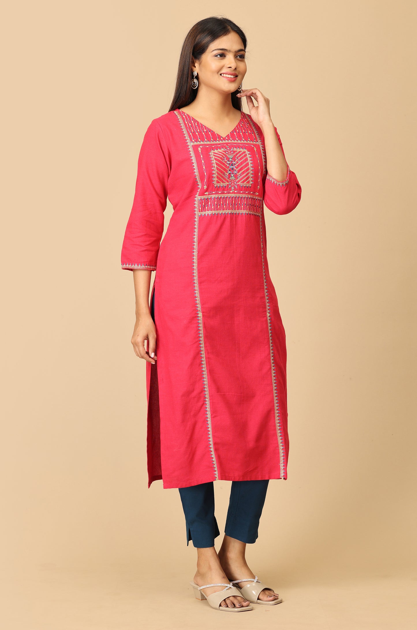 Bright Pink Khadi Embroidery Kurti