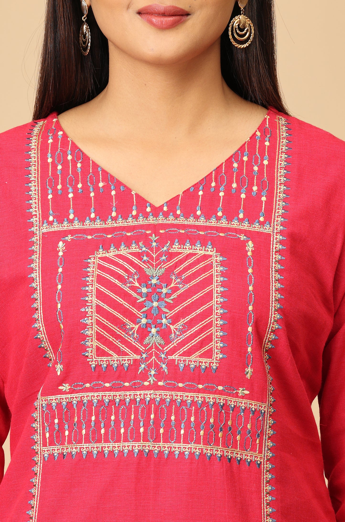 Bright Pink Khadi Embroidery Kurti