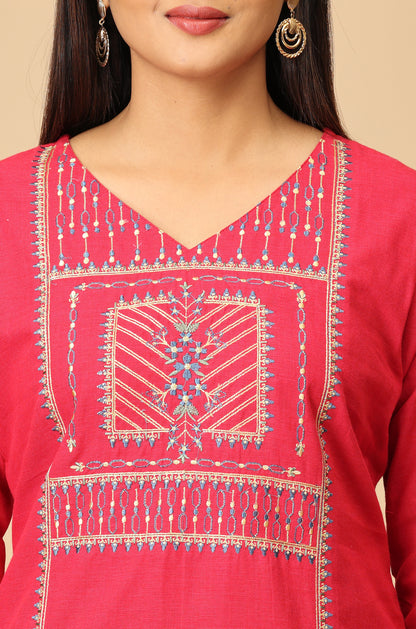 Bright Pink Khadi Embroidery Kurti