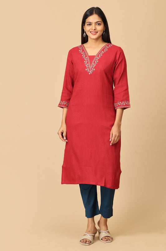 Maroon Matty V Neck Embroidery
