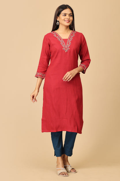 Maroon Matty V Neck Embroidery
