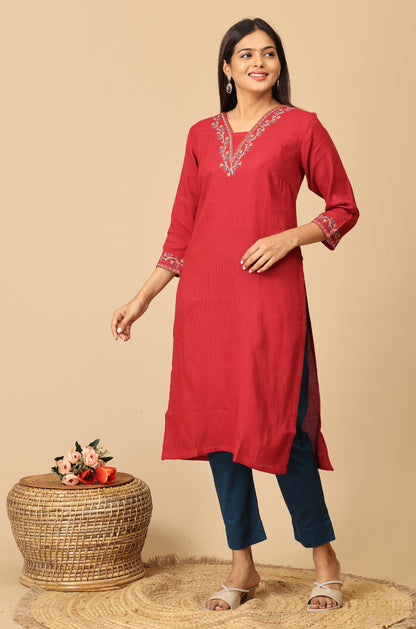 Maroon Matty V Neck Embroidery