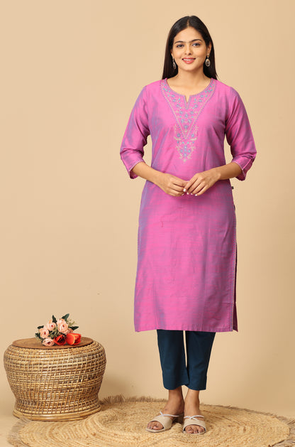 Light Fuchsia Slub Silk Embroidery Kurti