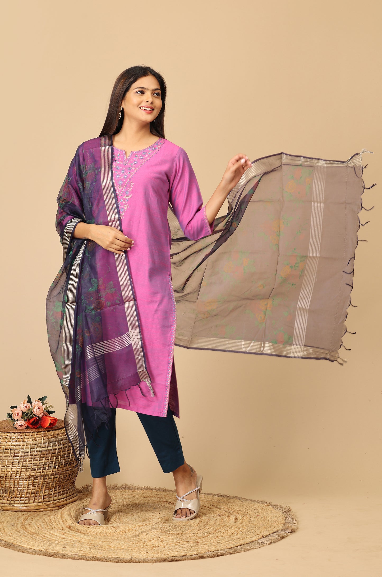 Light Fuchsia Slub Silk Embroidery Kurti