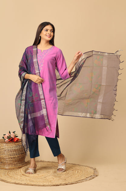 Light Fuchsia Slub Silk Embroidery Kurti