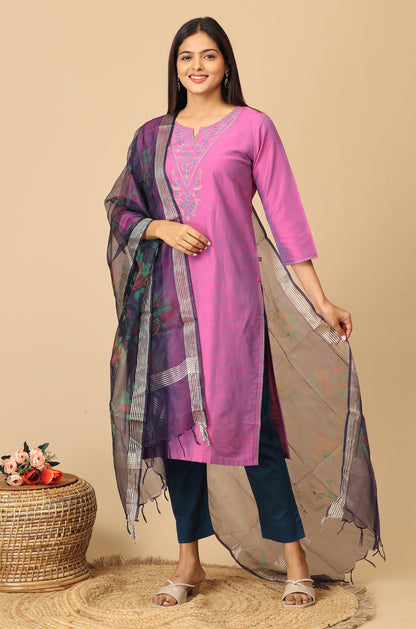 Light Fuchsia Slub Silk Embroidery Kurti