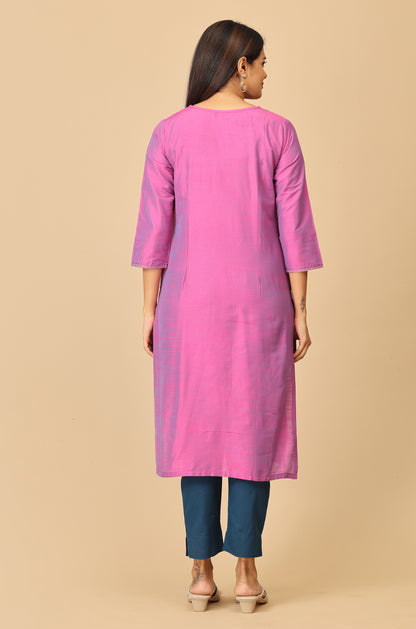 Light Fuchsia Slub Silk Embroidery Kurti