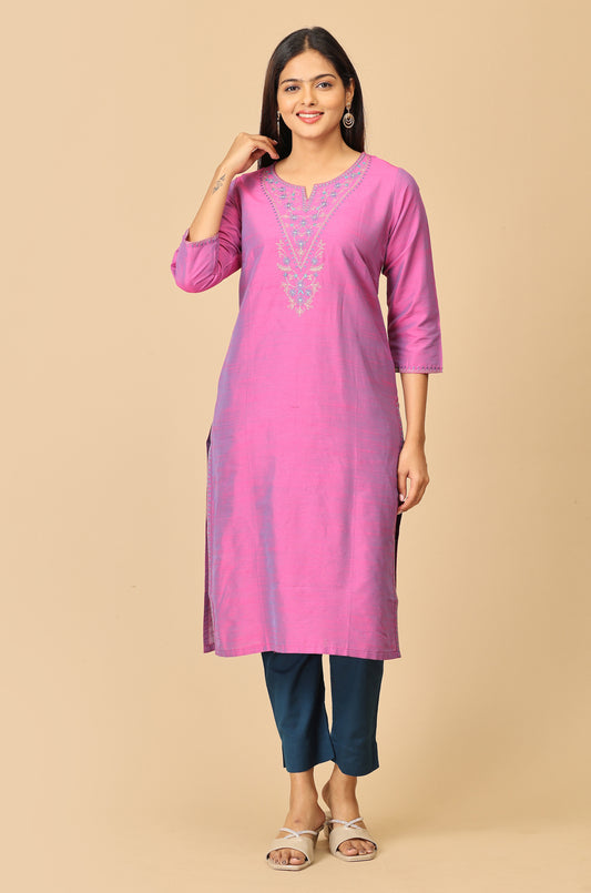 Light Fuchsia Slub Silk Embroidery Kurti