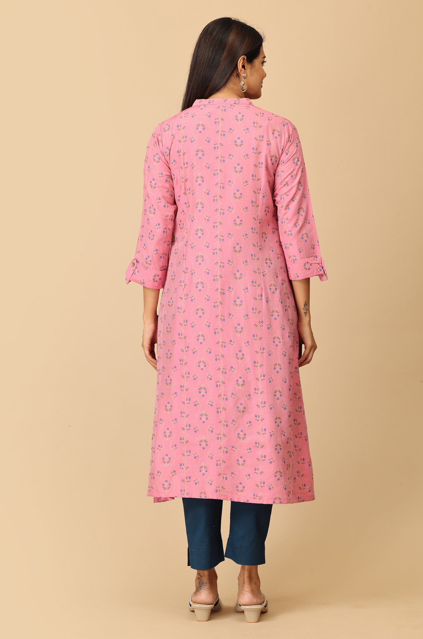 Pink Printed Slub Silk Kurti