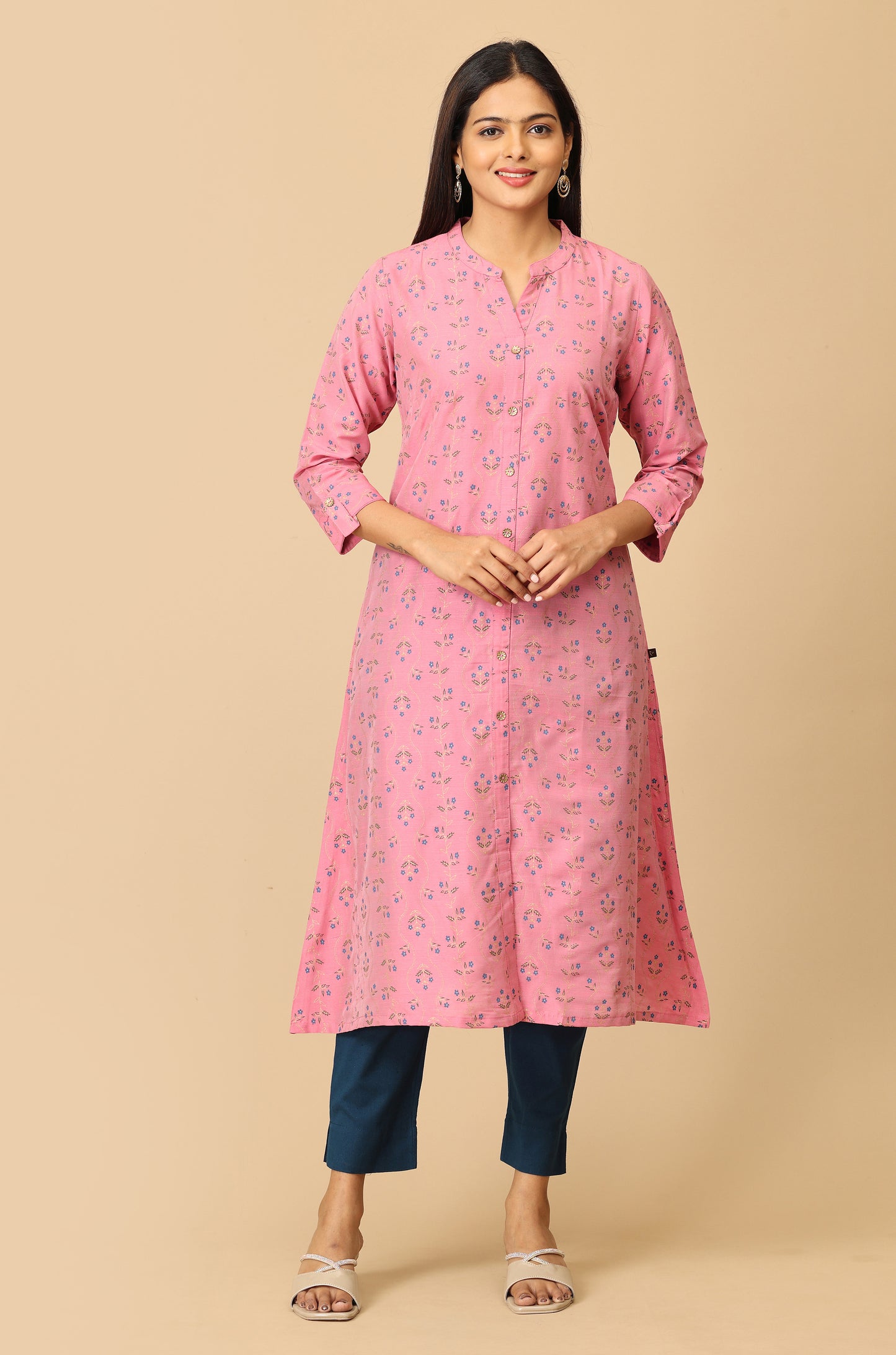 Pink Printed Slub Silk Kurti