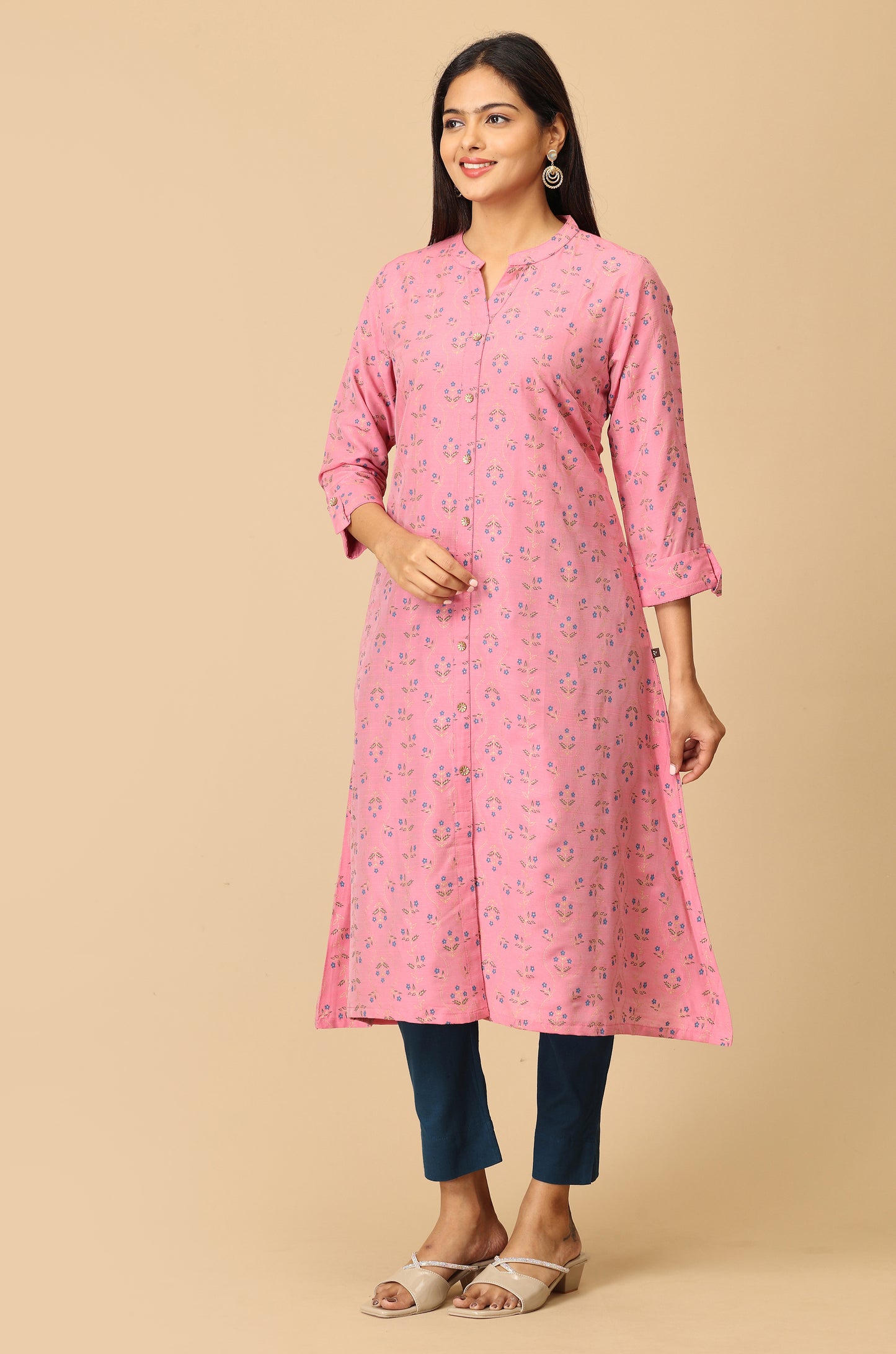 Pink Printed Slub Silk Kurti