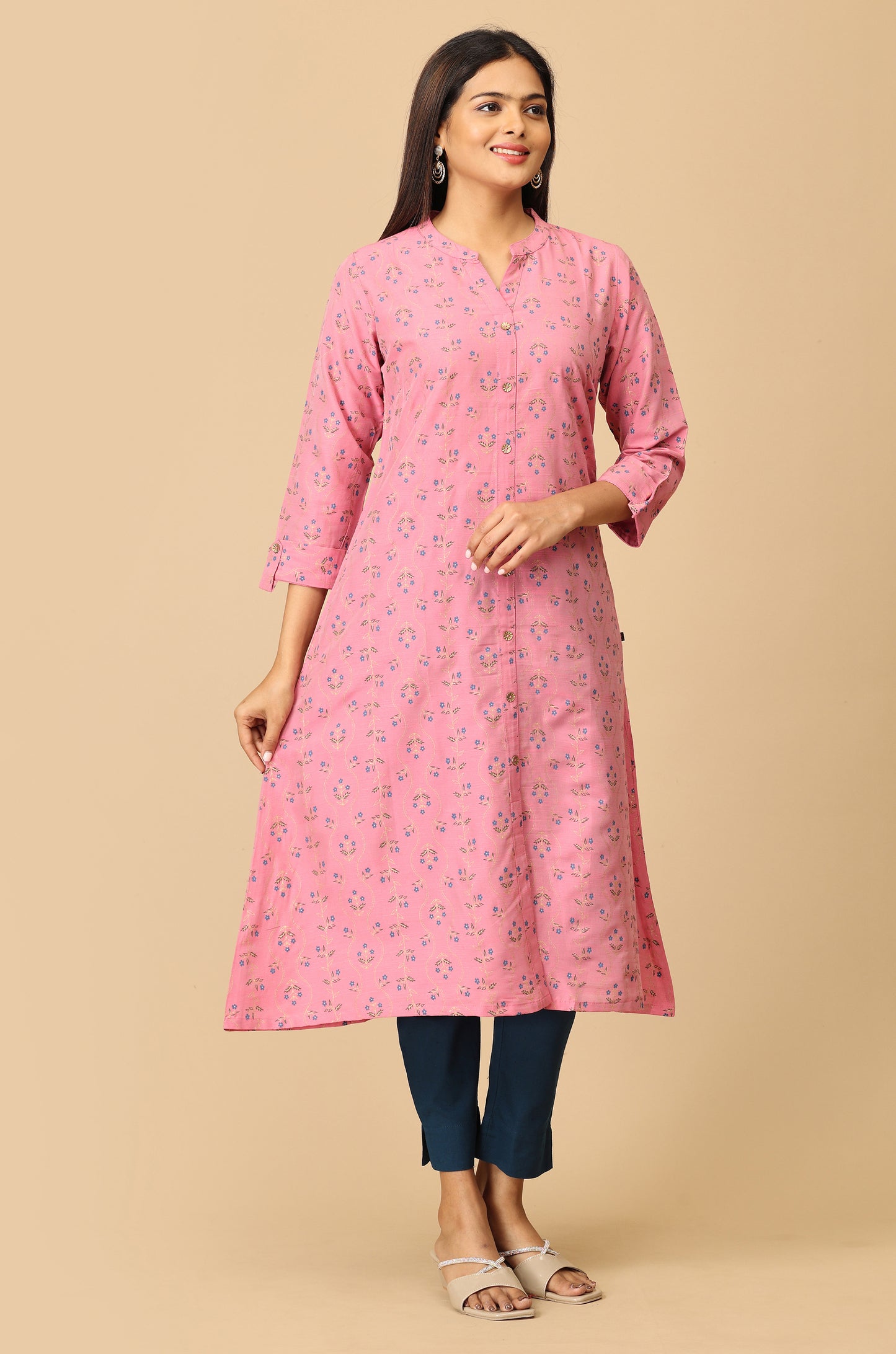 Pink Printed Slub Silk Kurti