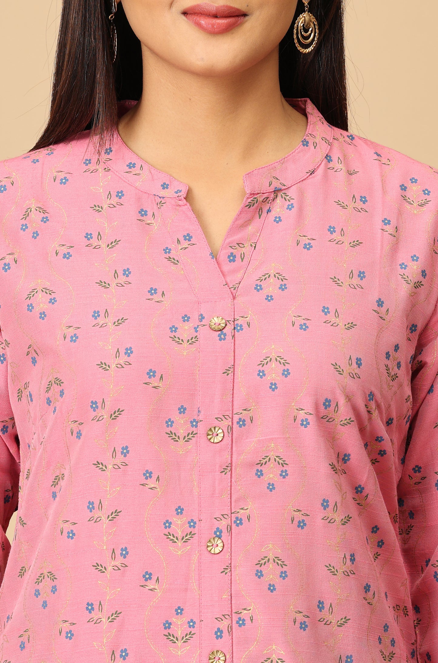 Pink Printed Slub Silk Kurti