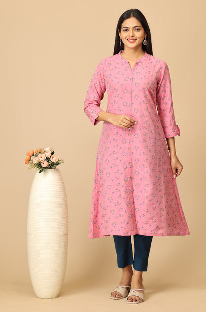 Pink Printed Slub Silk Kurti