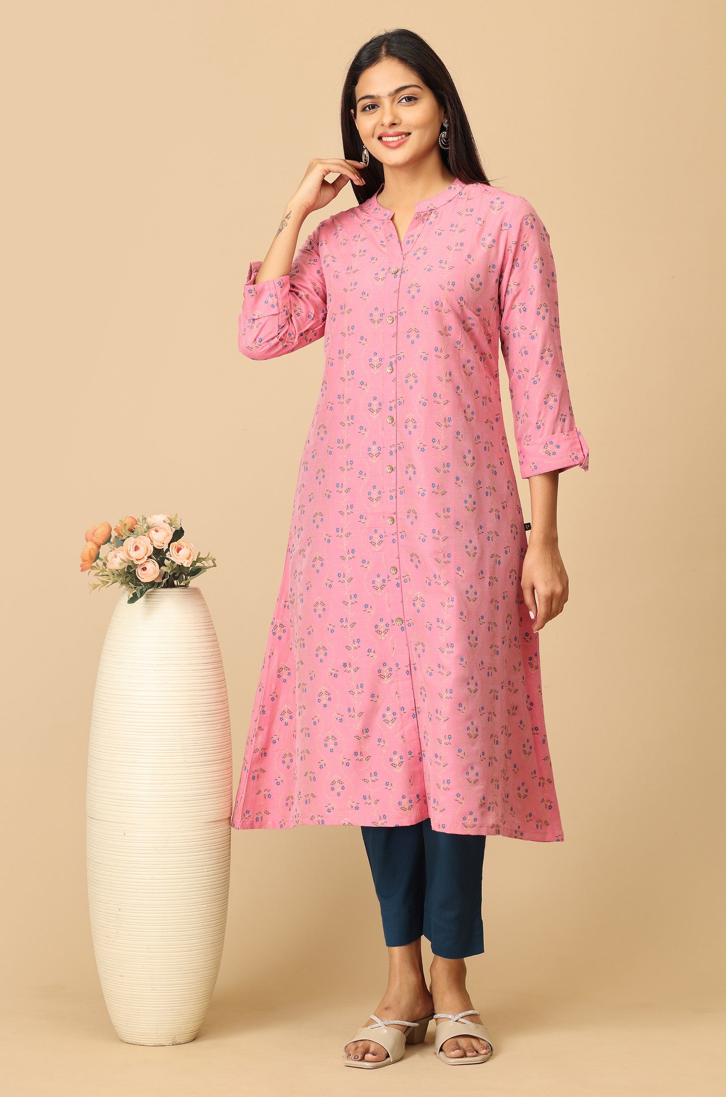 Pink Printed Slub Silk Kurti
