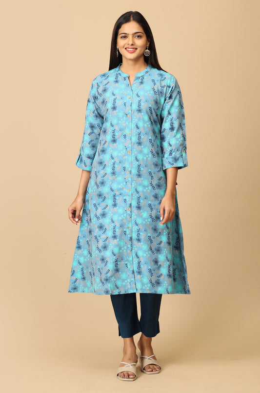 Blue Slub Silk Printed A-Line Kurti