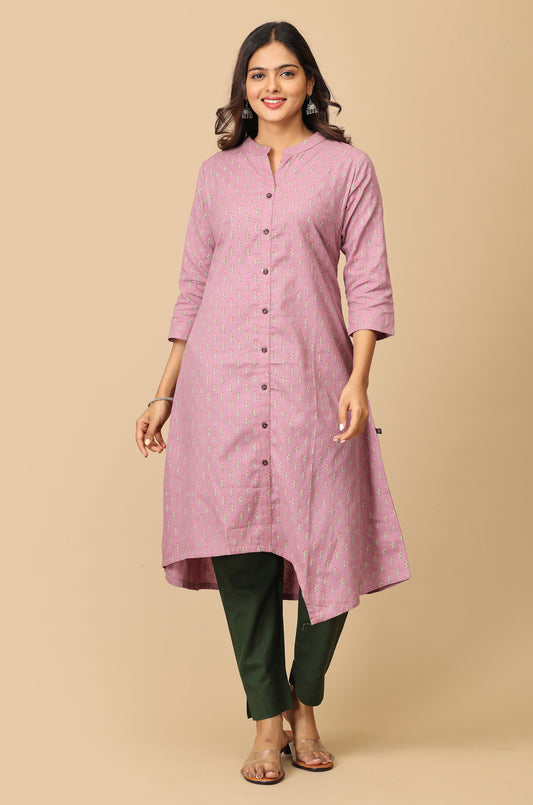 Mauve All Over Print Asymmetric A Line Kurta