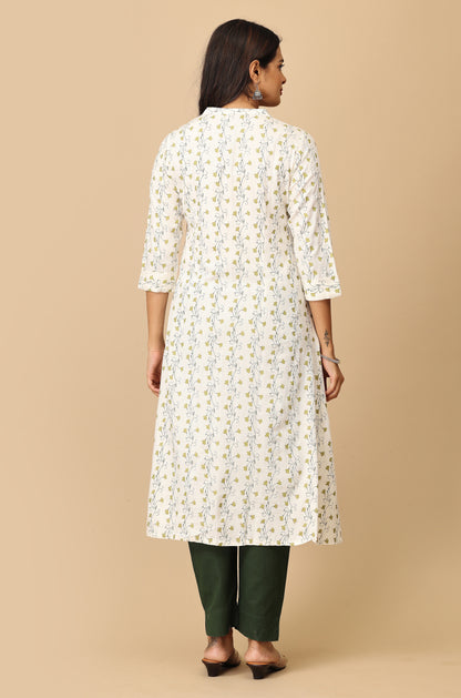 Off White Viscose A-Line Printed Kurti