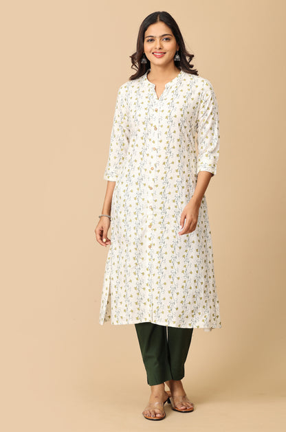 Off White Viscose A-Line Printed Kurti