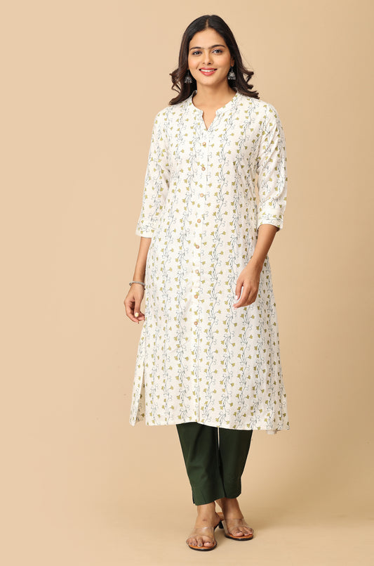Off White Viscose A-Line Printed Kurti