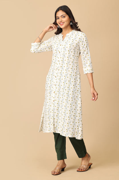 Off White Viscose A-Line Printed Kurti
