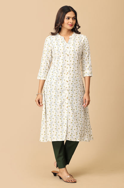 Off White Viscose A-Line Printed Kurti