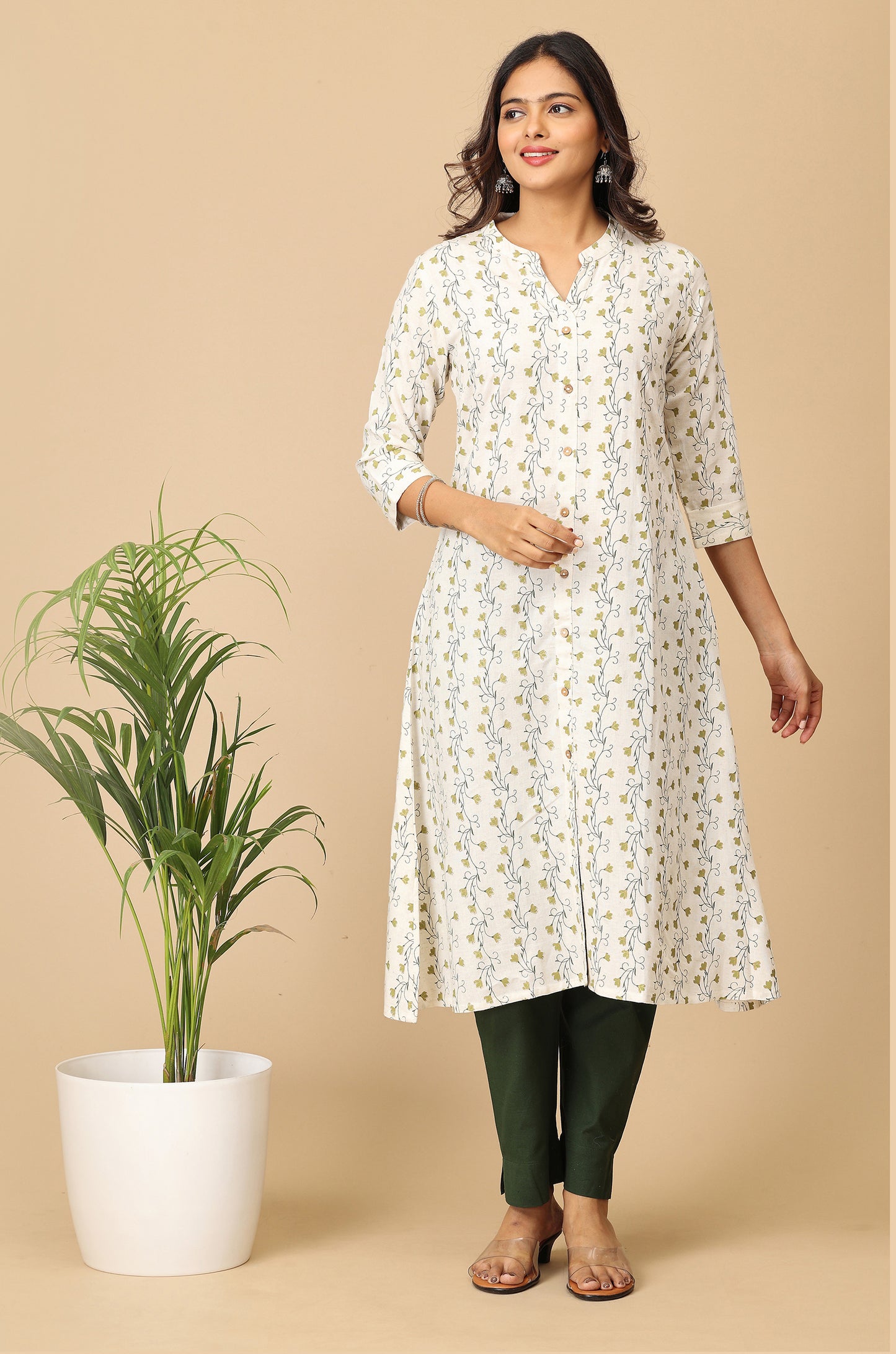 Off White Viscose A-Line Printed Kurti