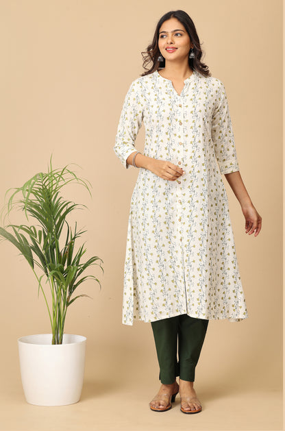 Off White Viscose A-Line Printed Kurti