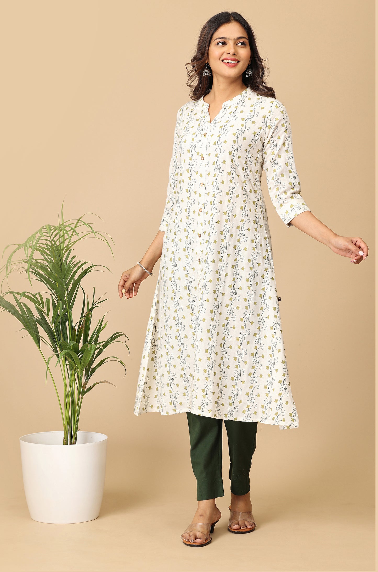 Off White Viscose A-Line Printed Kurti