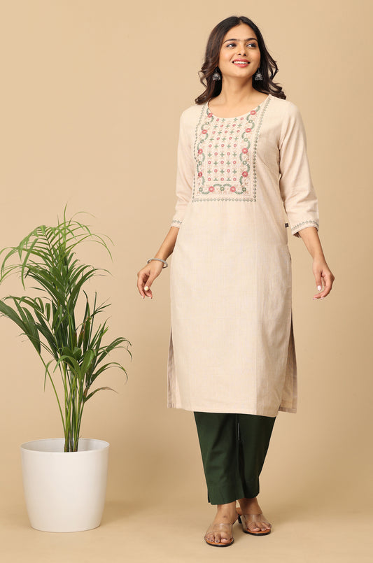 Beige Khadi Embroidery Kurti