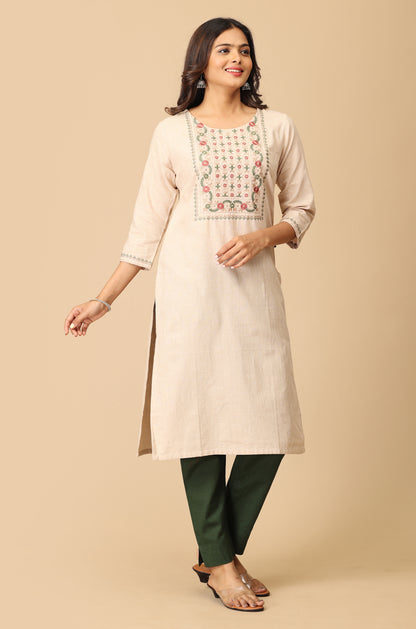 Beige Khadi Embroidery Kurti