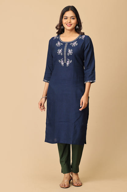 Navy Blue Matty Embroidery Kurti