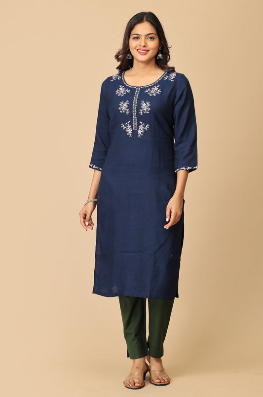 Navy Blue Matty Embroidery Kurti