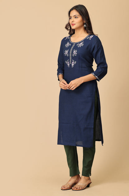 Navy Blue Matty Embroidery Kurti