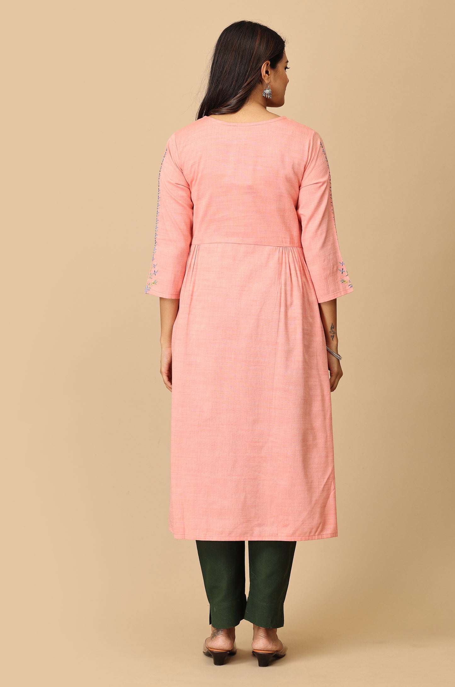 Peach Rayon Slub Embroidery Kurti