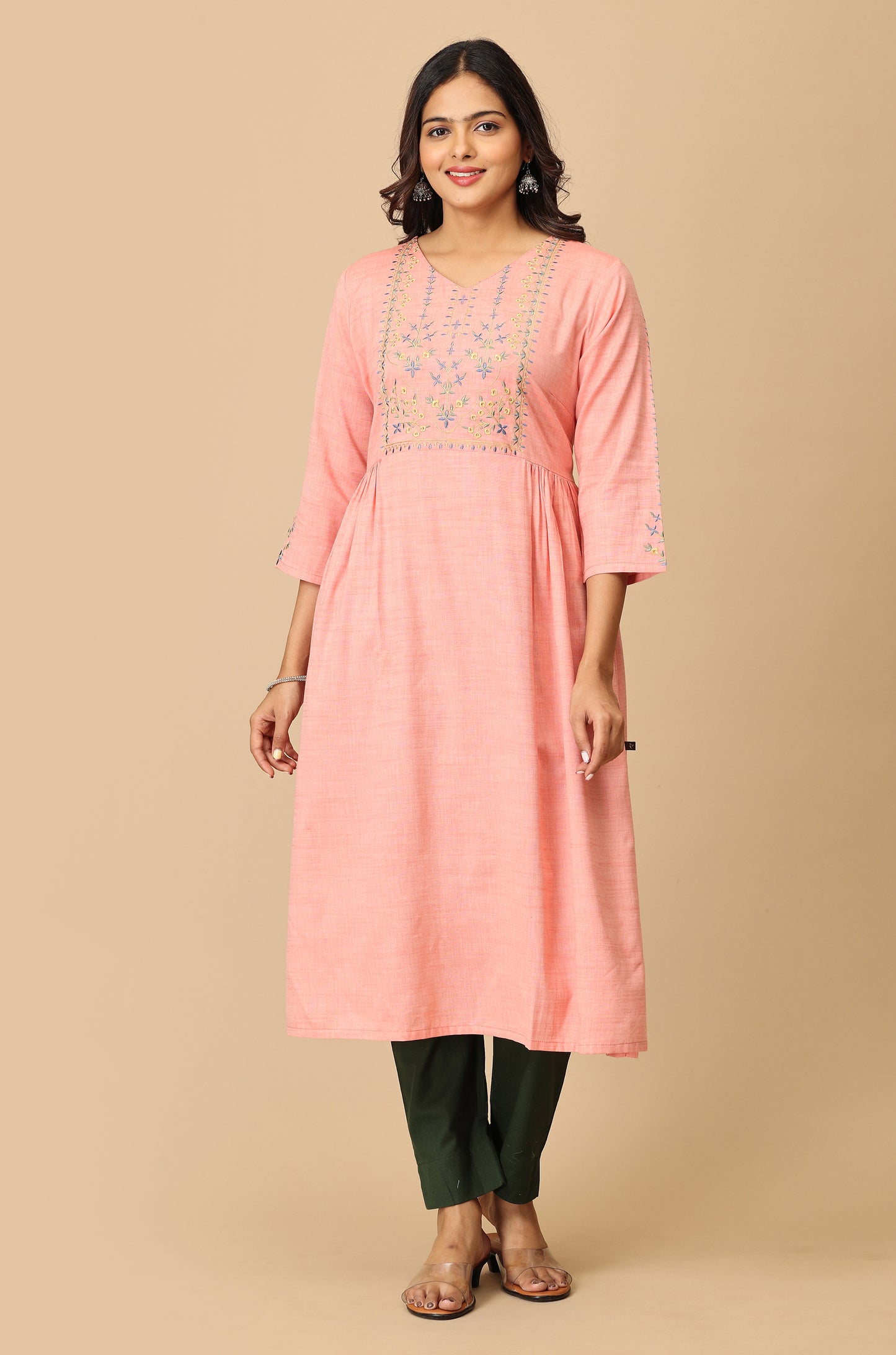 Peach Rayon Slub Embroidery Kurti