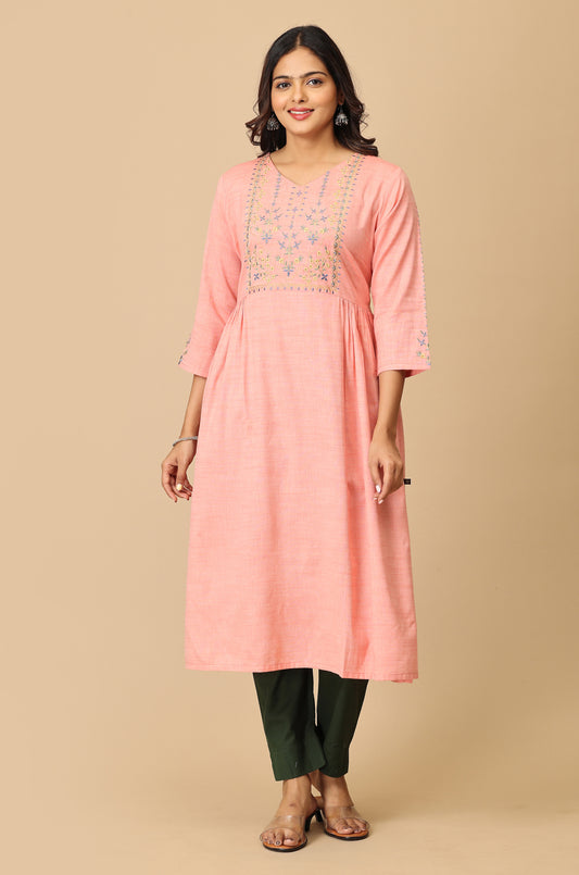 Peach Rayon Slub Embroidery Kurti