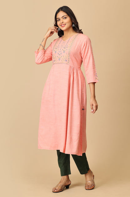 Peach Rayon Slub Embroidery Kurti