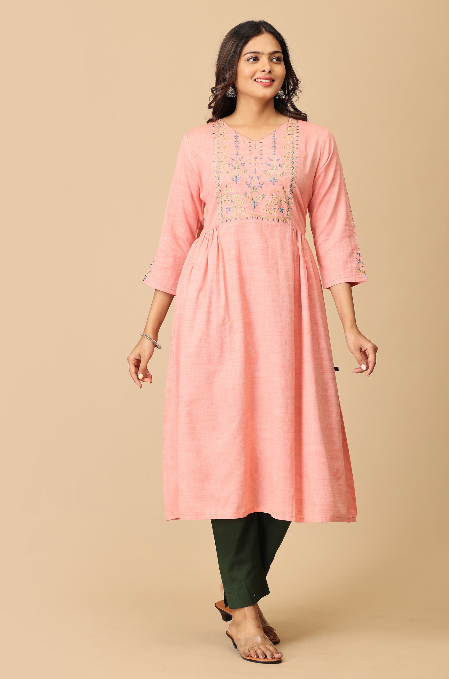 Peach Rayon Slub Embroidery Kurti