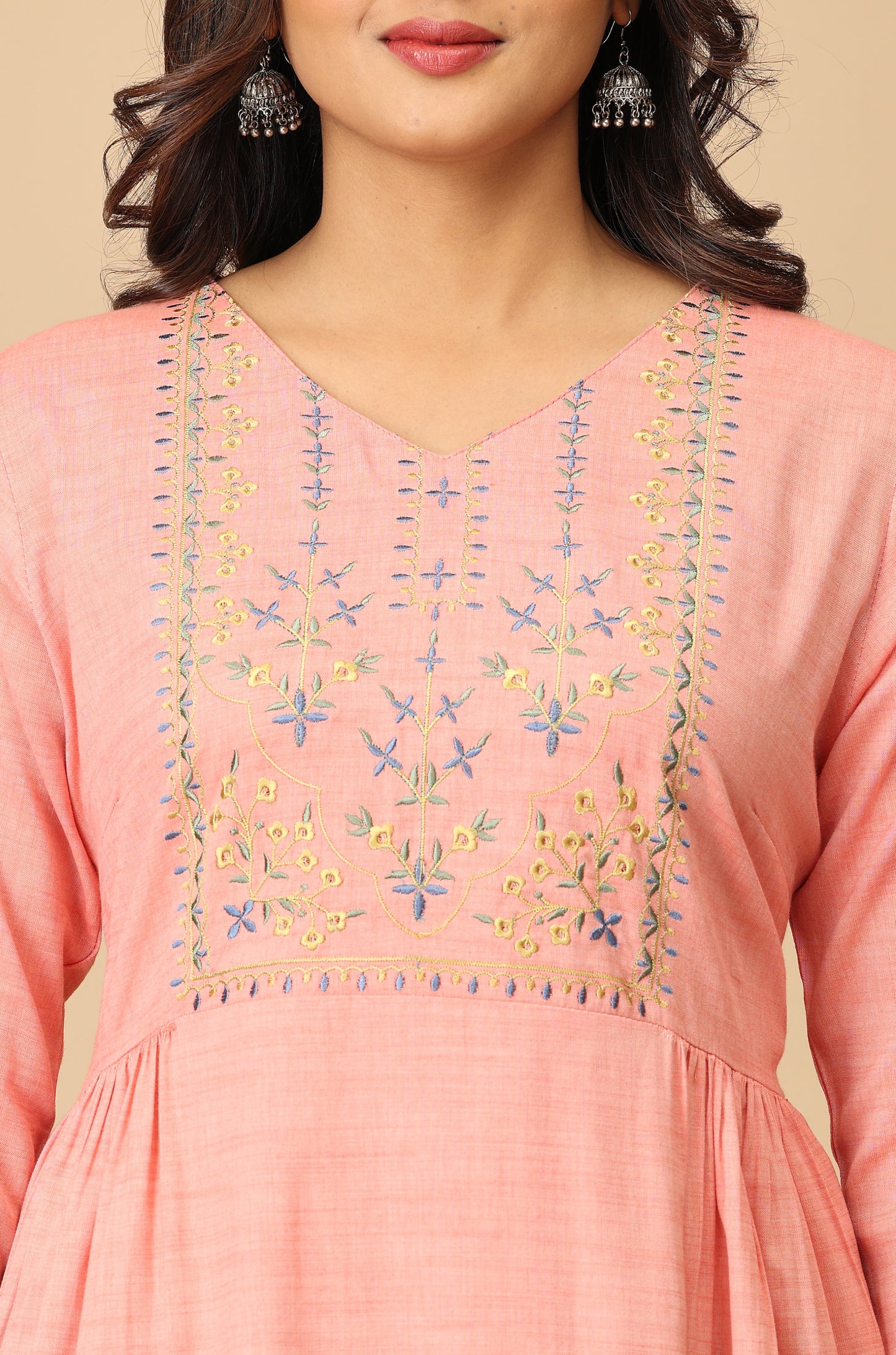 Peach Rayon Slub Embroidery Kurti