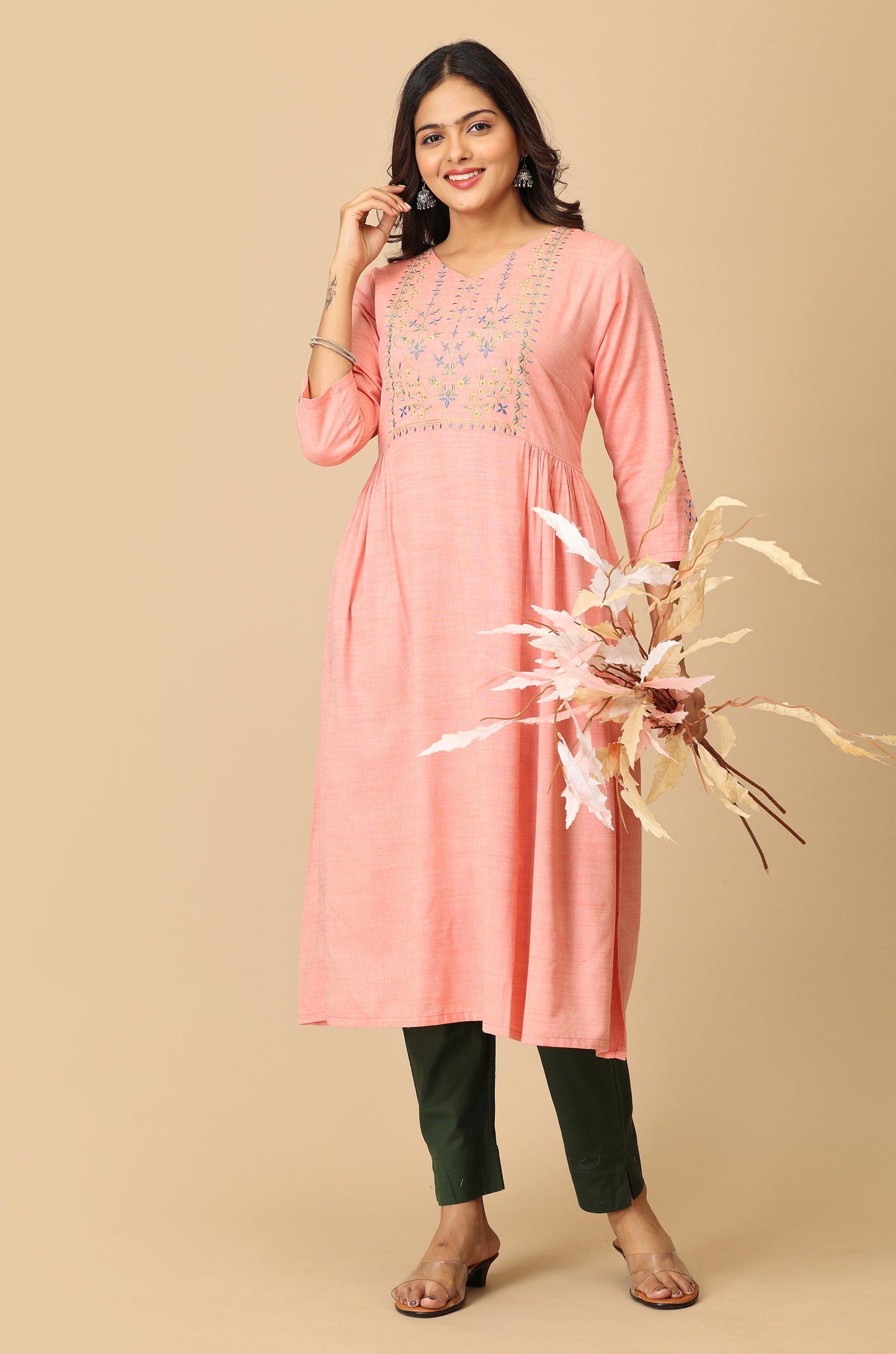 Peach Rayon Slub Embroidery Kurti
