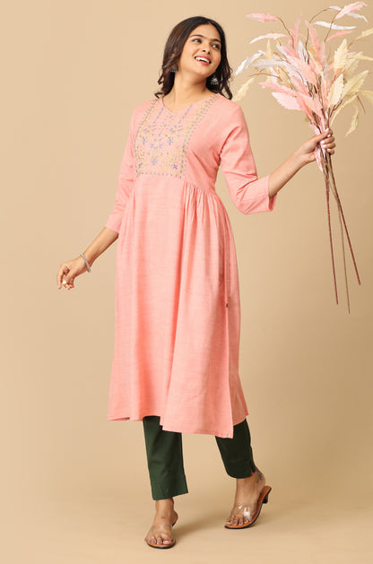 Peach Rayon Slub Embroidery Kurti