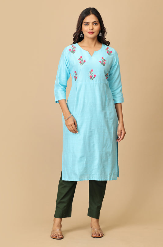 Sky Blue Slub Silk Yoke Embroidery Kurti