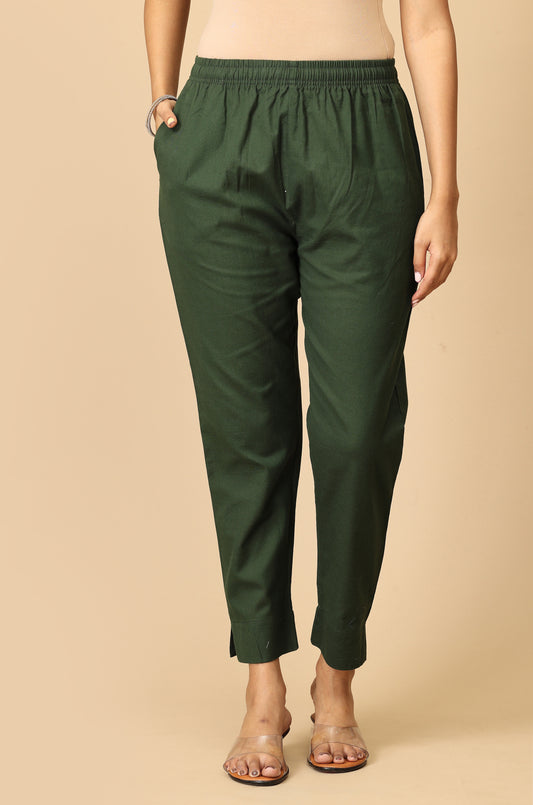 Green Cotton Trouser Fit with Drawstring Cigarette Pant