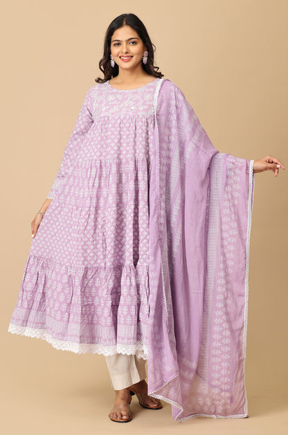 Lilac Cotton Printed & Handwork Frills , Pleated Anarkali with Dupatta 2pc